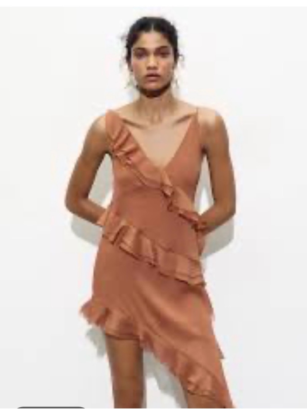 Zara Asymmetrical Ruffle Slip Dress in Rust